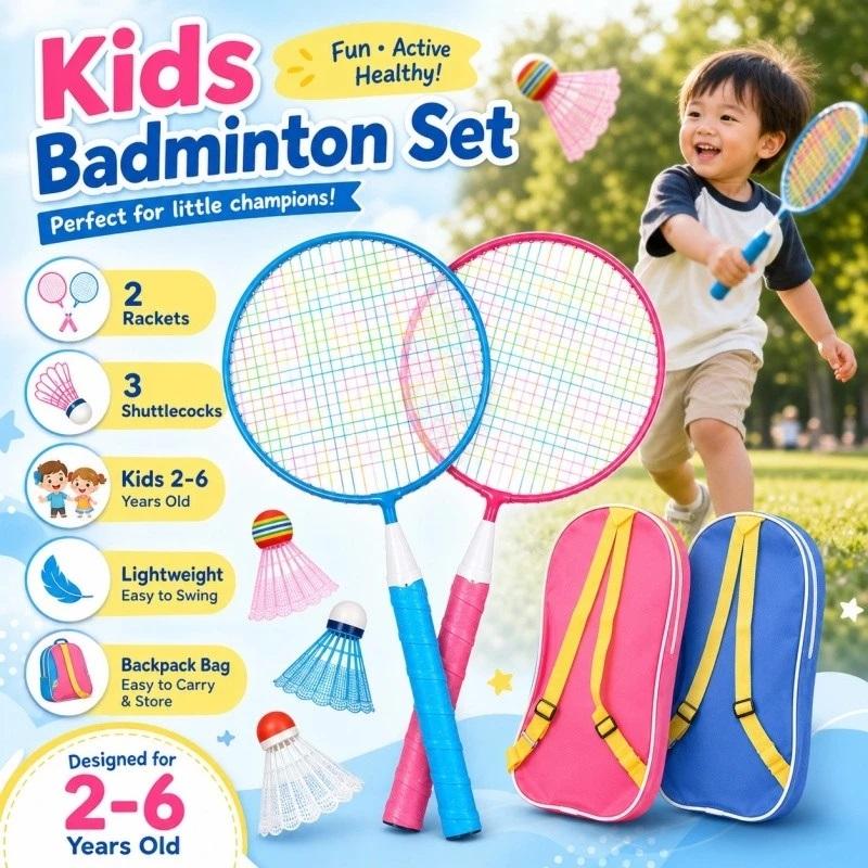 Badminton League - 2 Stück Kinder-Badmintonschläger mit 3 Federbällen,